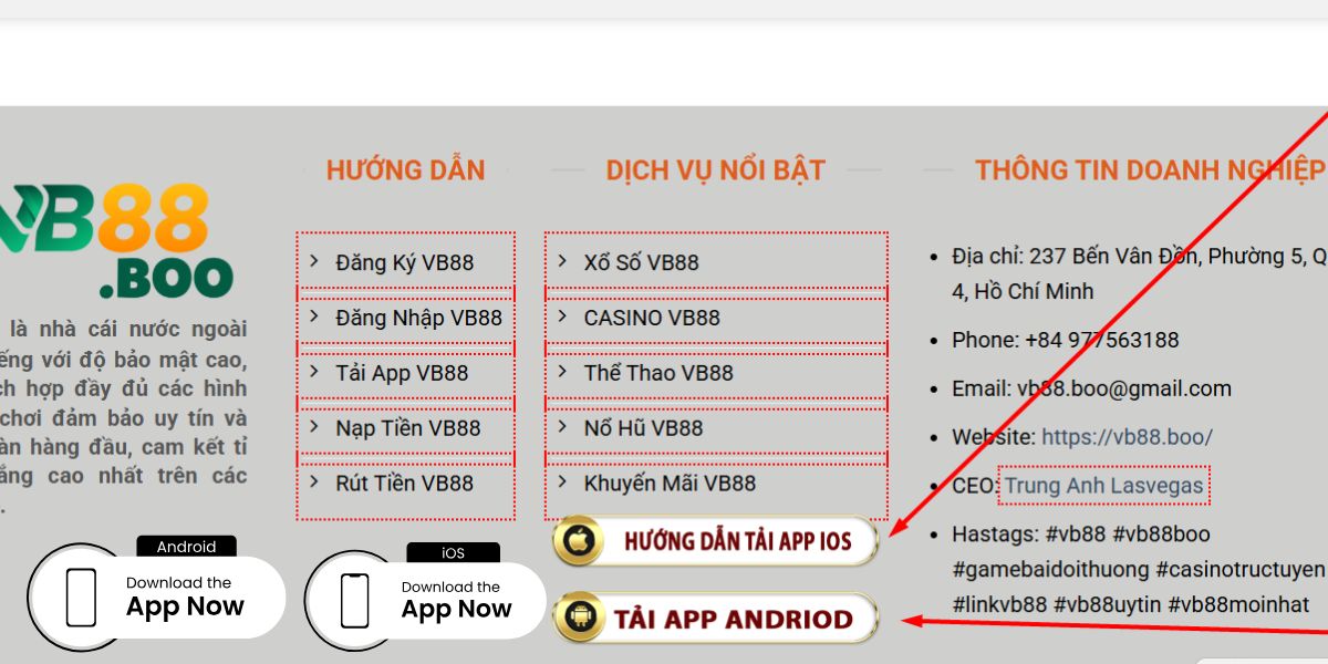 Tải app trên ios và androi tại cuối trang vb88 như hình